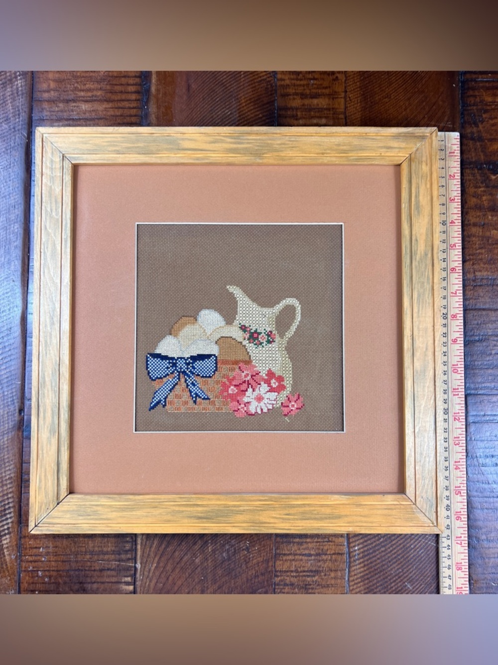 Framed Cross-Stitch Still Life with Pitcher and Basket - Pink & Brown‎